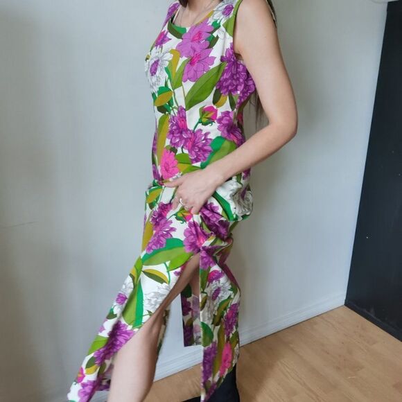 Vibrant Floral Slit Side Tropical Print Vintage Maxi Dress 70s 60s Vintage Peony - Picture 8 of 10